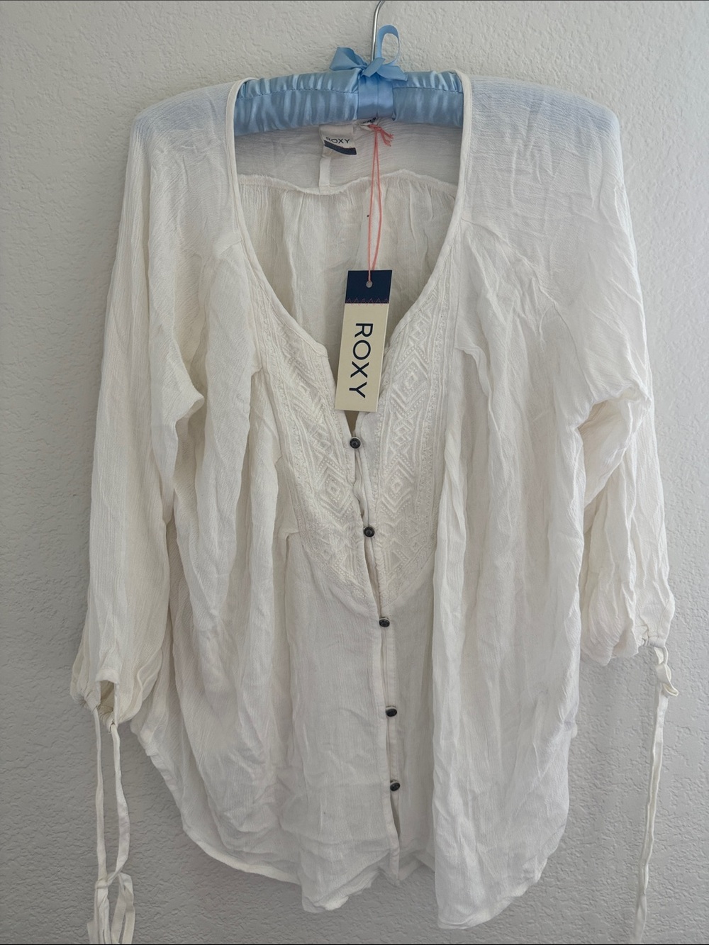 Roxy White Gauze Embroidered Button-Down Blouse